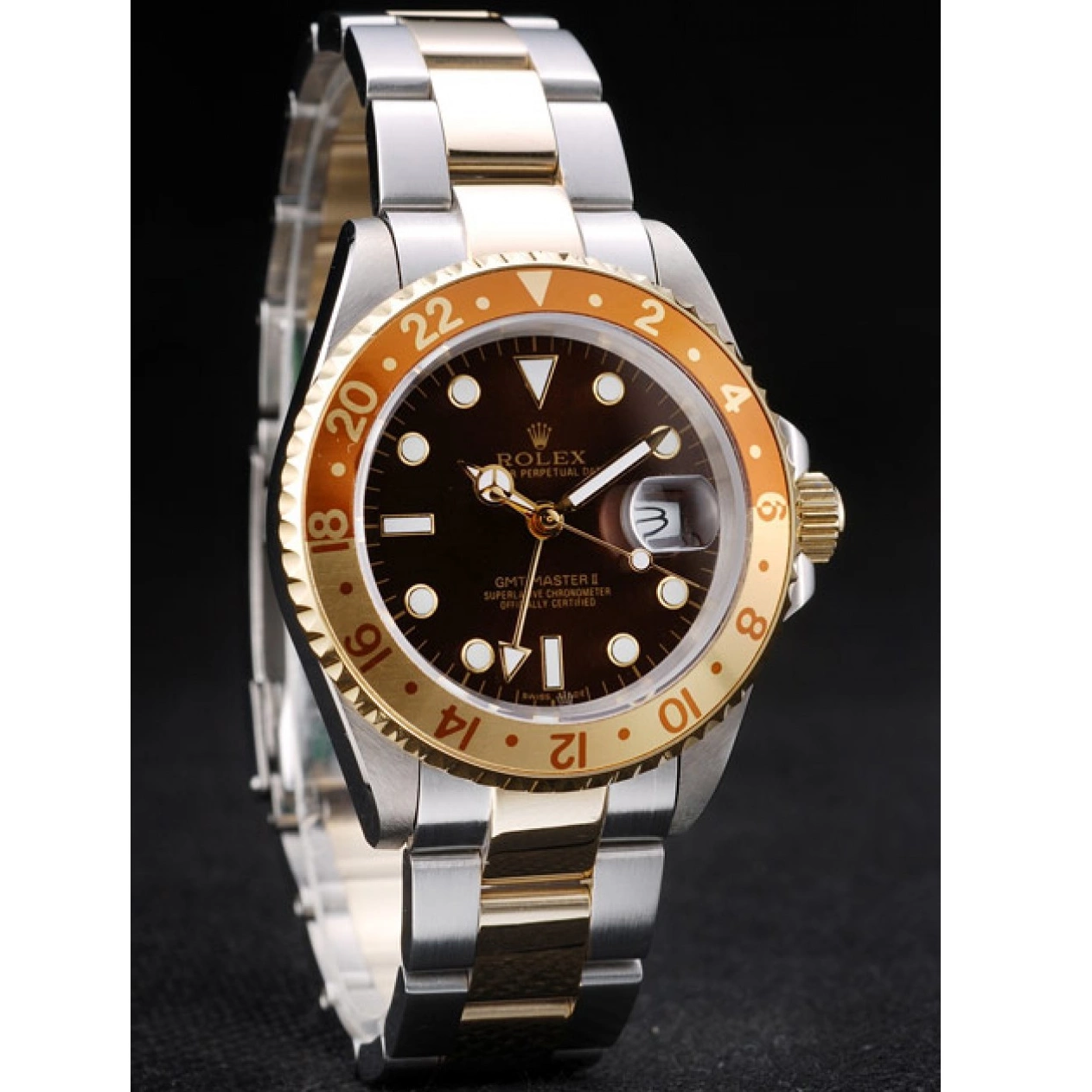 Aaa replica watch Bezel Ceramic Gold Colored Master II Watch Dial Rolex GMT Brown 0712